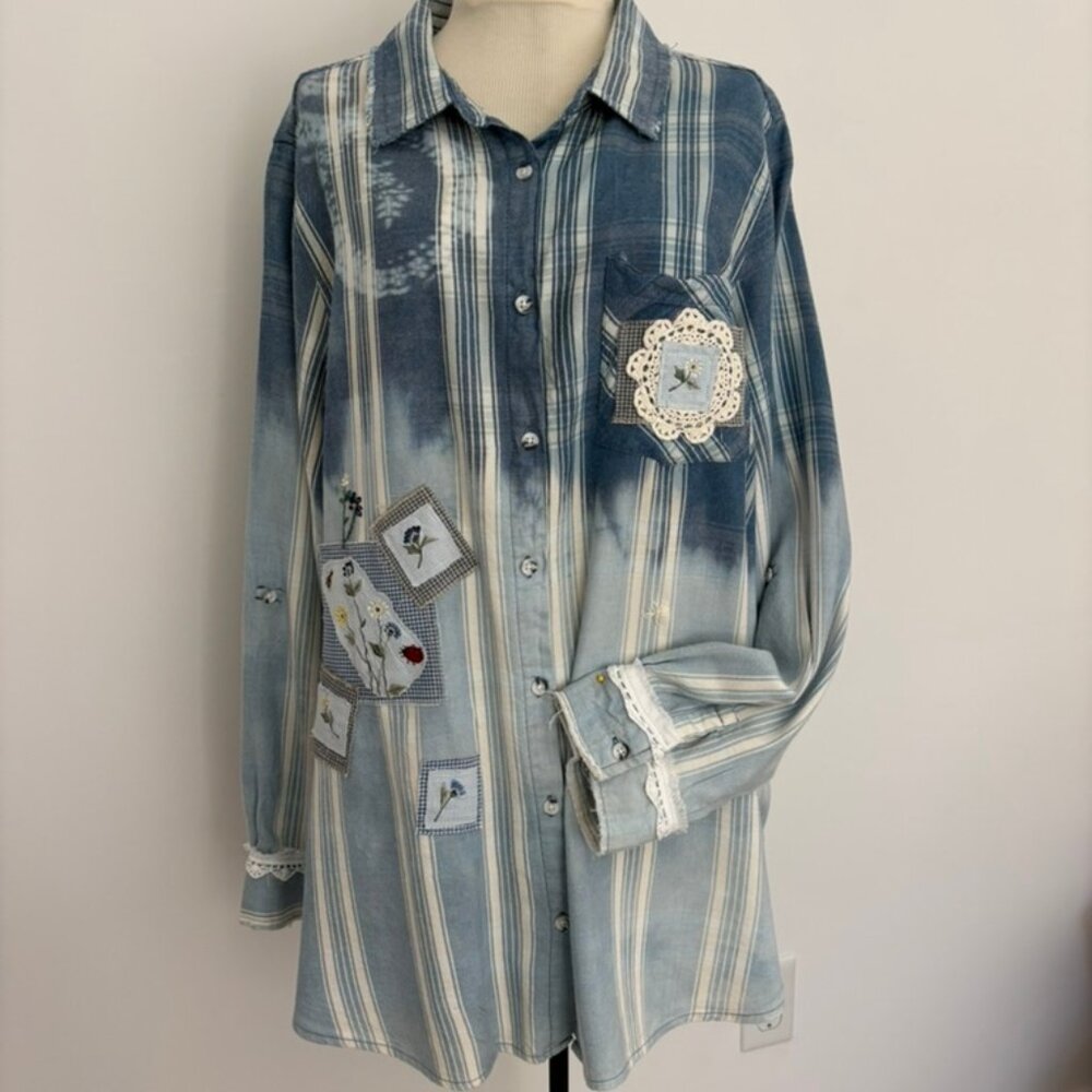 Upcycled reimagined Boho Bleached Patchwork flannel shirt